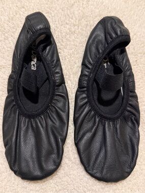 Children's Black Leather Dance Ballet Flats with Elastic Strap Size 1B